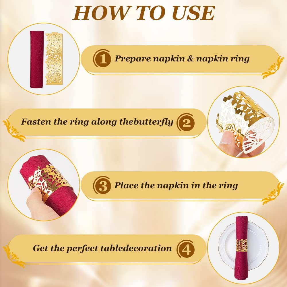 150PCS Rose Flower Paper Napkin Rings, Simple Napkin Holders Dinner Tables Rings Elegant Ornament Table Setting Decoration for Wedding, Christmas, Thanksgiving, Holiday, Party (Gold)