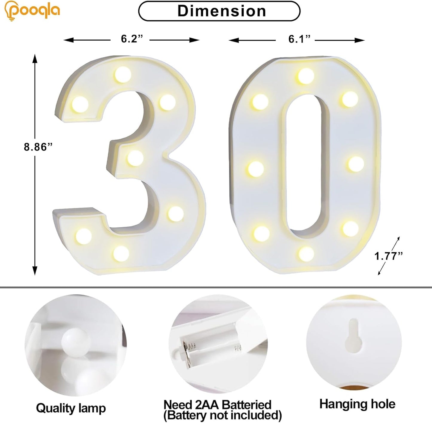 Pooqla 30th Birthday Decoration for Her Him, Decorative LED Light Up Numbers, Marquee Numbers 30 Sign for Party Backdrop 30th Wedding Anniversary Decor, Warm White and Cool White Number 30