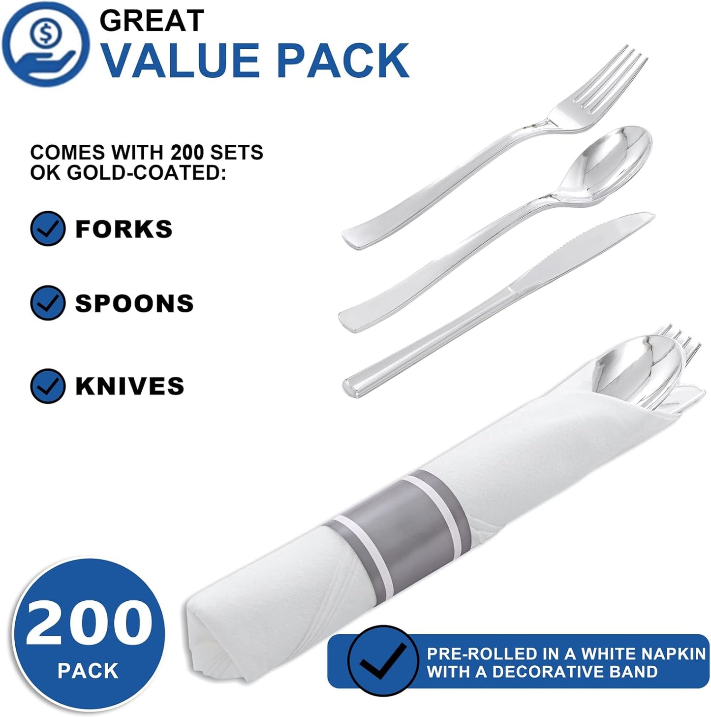 200Guests Pre Rolled Silver Plastic Silverware Sets - Heavy Duty Silver Cutlery - Include 200 Pack Wrapped Disposable Utensils with Napkins for Parties & Dinners & Weddings