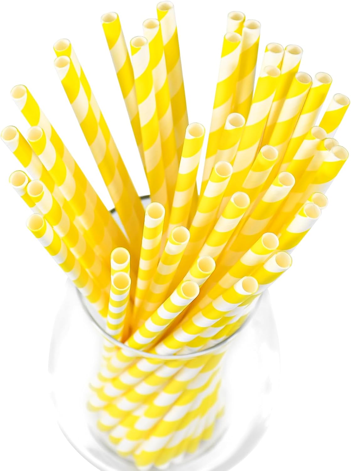Eco-friendly Yellow White Striped Disposable Paper Drinking Straws 7.75'' x 0.24'' 100 Counts - for Cocktail, Party, Juice, Water, Milk
