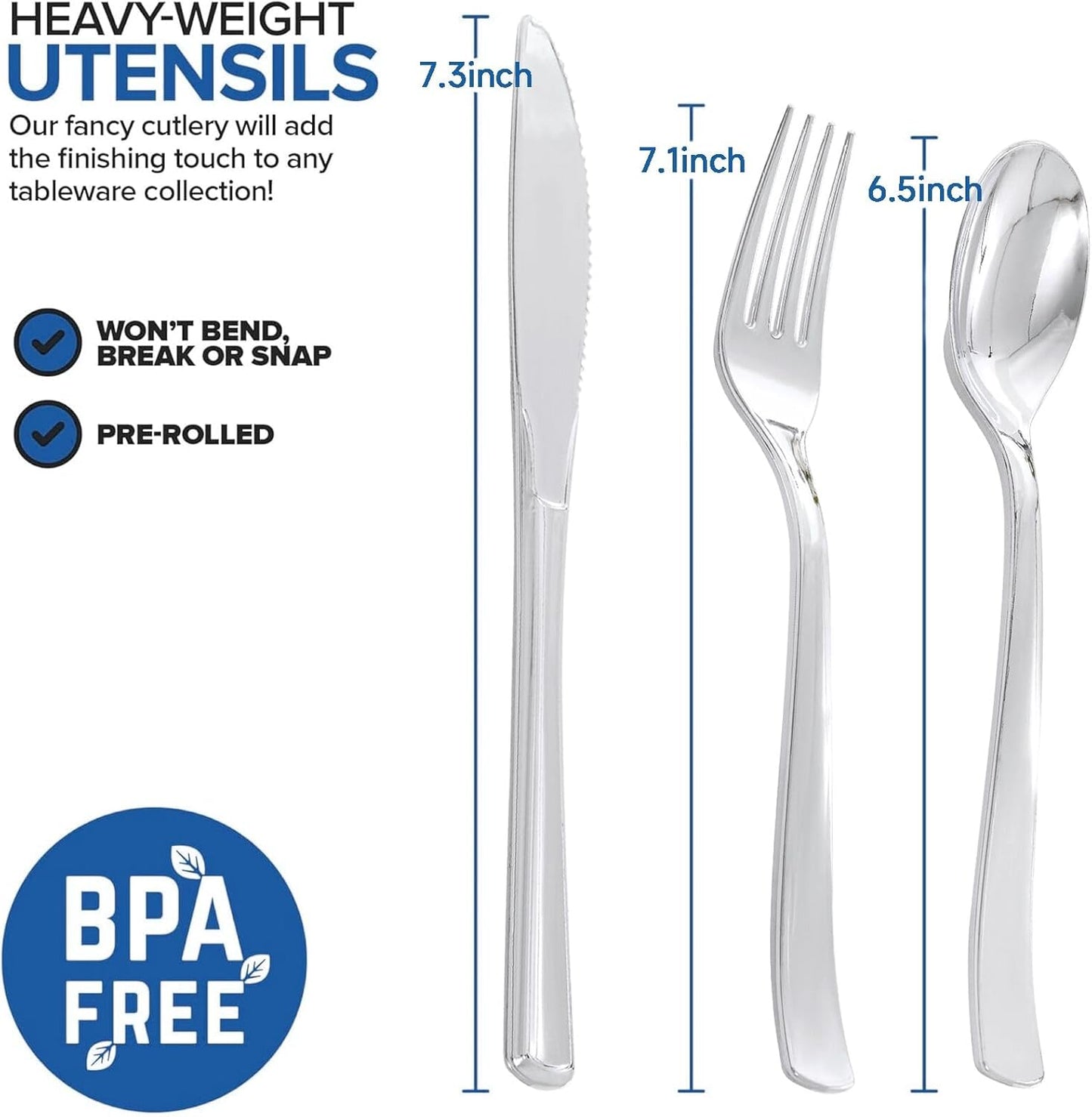 200Guests Pre Rolled Silver Plastic Silverware Sets - Heavy Duty Silver Cutlery - Include 200 Pack Wrapped Disposable Utensils with Napkins for Parties & Dinners & Weddings