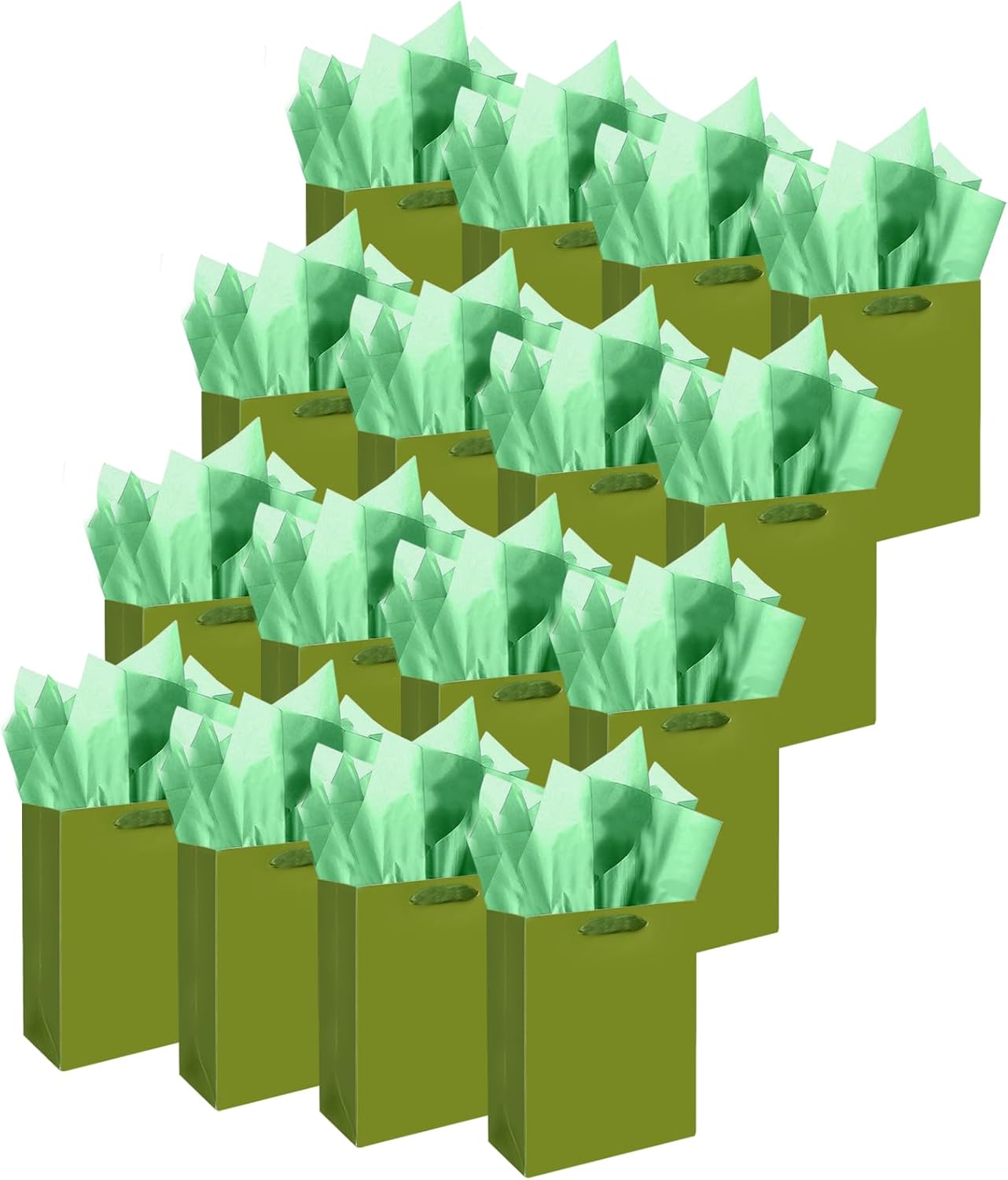 Gcardist Olive Green Gift Bags with Tissue Paper for Wedding, Birthday, Party Supplies-7.9"x4.3"x9.6" Medium Size Cardboard Gift Bags（16pcs Bags +32pcs Tissue Paper ）