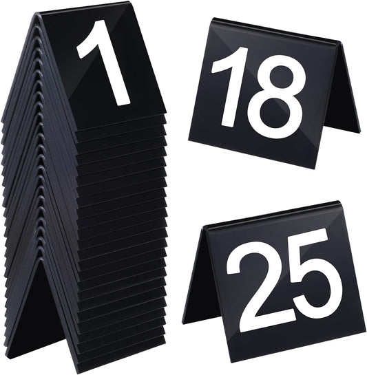 Table Numbers 1-25 Acrylic Restaurant Table Numbers Double Side Plastic Table Tent Table Numbers for Events Banquets Party Wedding Food Service Reception(Black)