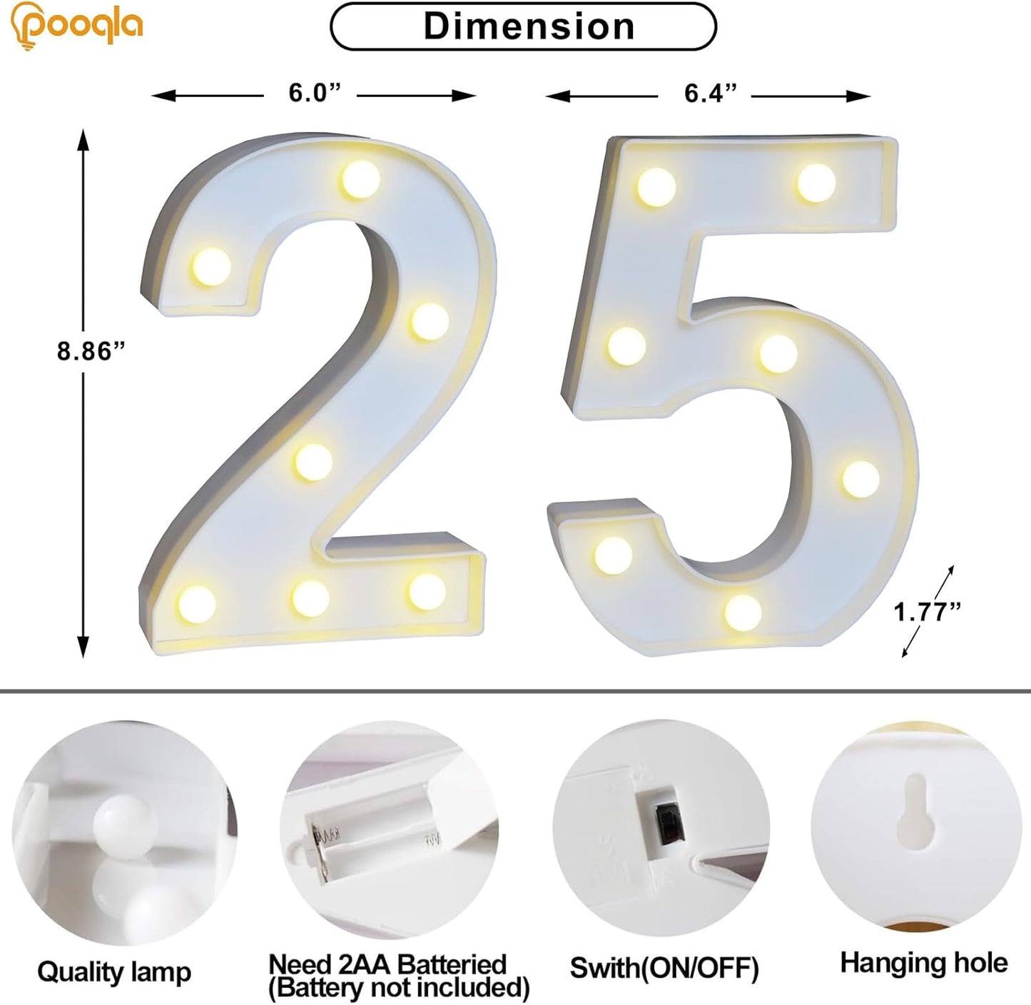 Pooqla 25th Birthday Decorations for Her Him, 35 Colors LED Light Up Numbers with Remote, Multicolor Marquee Numbers for Party Backdrop 25th Anniversary Decor Birthday Gifts for Women, Number 25