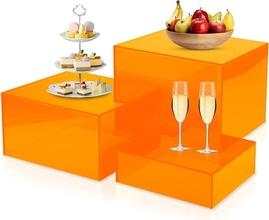 Orange Buffet Risers 3Pcs Acrylic Boxes Display Risers for Buffet Table Parties Weddings Catering Dessert (6''x7''x8'')