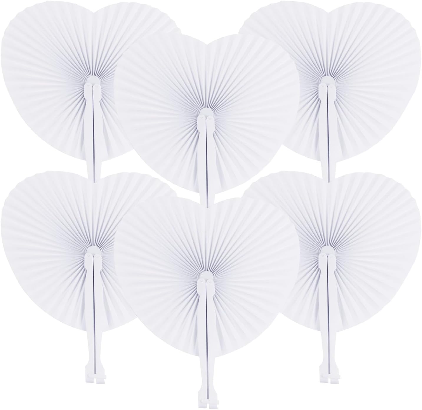 ZWIN 48 Pcs Heart Shaped Paper Fans for Wedding Pocket Folding Paper Fans with Plastic Handle White Blank Fans for Guest Celebration Party Decoration