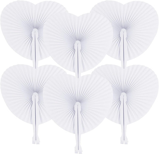 ZWIN 48 Pcs Heart Shaped Paper Fans for Wedding Pocket Folding Paper Fans with Plastic Handle White Blank Fans for Guest Celebration Party Decoration