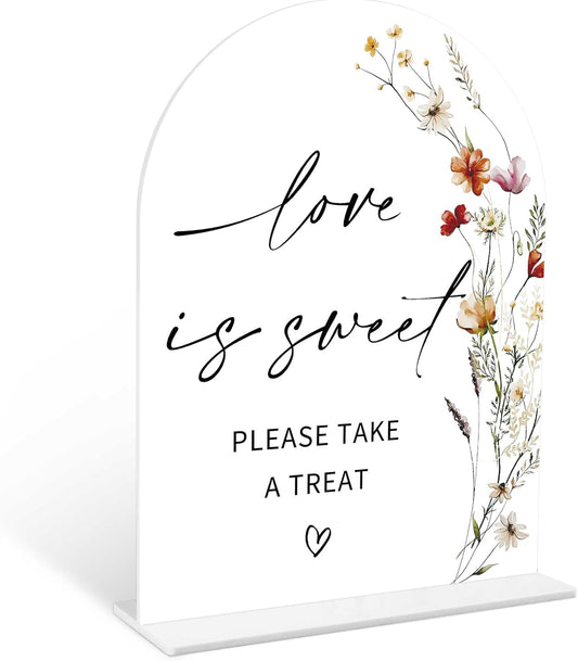 Boho Floral Love is Sweet Sign, 6 x 8 Inch White Arch Acrylic Wedding Sign with Holder, Wedding Sign for Ceremony and Reception, Wedding Decoration, Wedding Supplies - BX07
