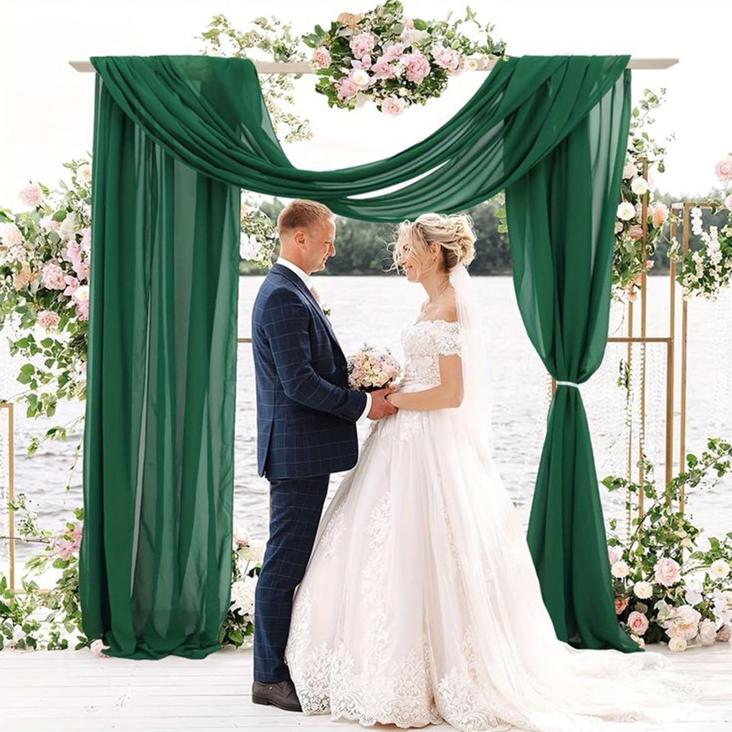 Emerald Green 2 Panels Wedding Arch Draping Fabric 20Ft Length x 28" Width Arch Drapes Chiffon Fabric Sheer Curtains Backdrop for Party Bridal Decorations Wedding Ceremony Stage Reception Decor