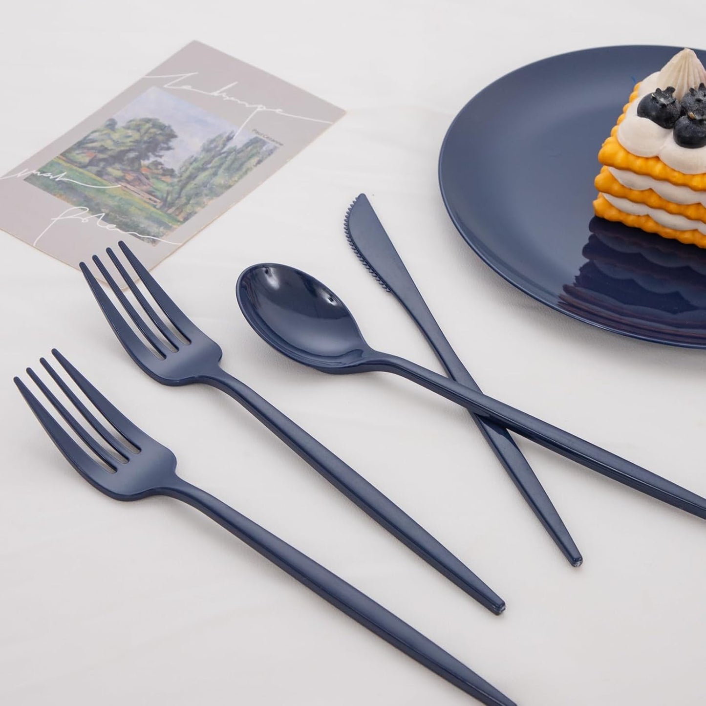 PULOTE 150PCS Blue Plastic Silverware Set - Plastic Cutlery Disposable - Heavy Duty Blue Plastic Utensils Include 50 Forks, 50 Knives,50 Spoons for Party&Wedding