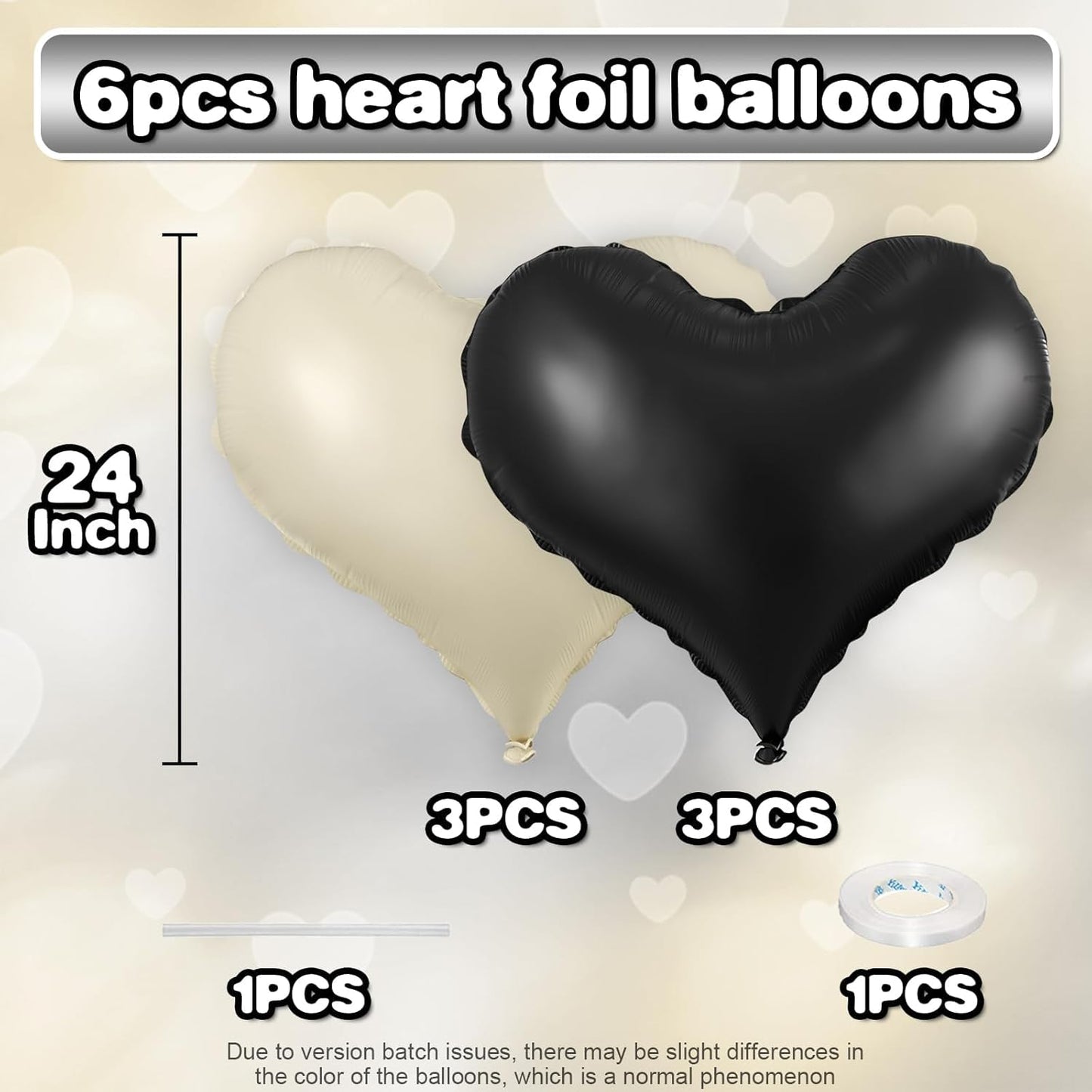 Black Cream White Heart Balloons,24Inch Large Heart Foil Balloons for Valentine's Day Birthday Wedding Baby Shower Anniversary Party Decorations