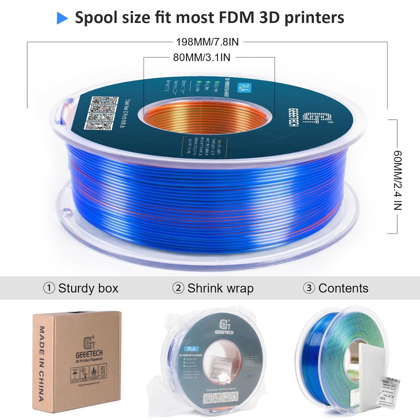 Geeetech 3D Printer Silk PLA Tri-Color Filament, Metal-Like Shiny Silk Filament 1.75mm 1kg (2.2lbs) Spool, Dimensional Accuracy +/- 0.02 mm, Tri-Color Orange Blue Green