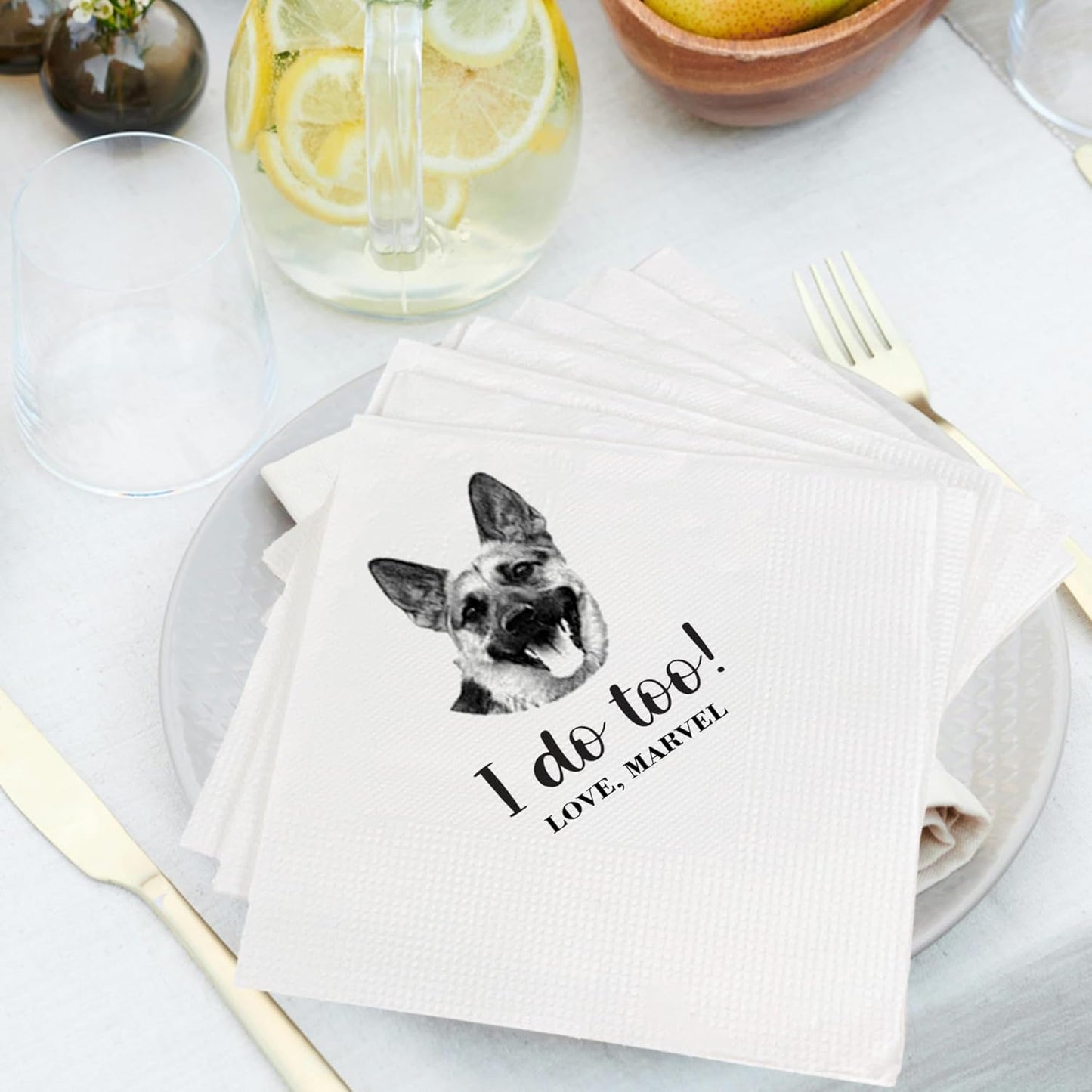 Luxury Personalized Dog Wedding Napkins, Personalized Photo Napkins for Dog, Custom Wedding Cocktail, Bridal Shower, Engagement Party Style 3