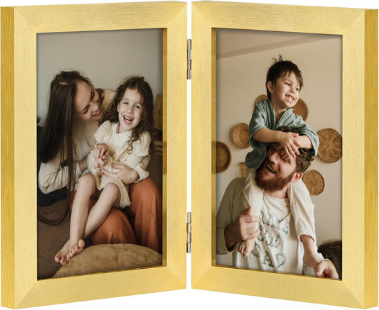 decorUhome Double 4x6 Picture Frame Vertical, Engineered Wood Bifold Photo Frame with Plexiglass for Tabletop Display, 4x6, Gold