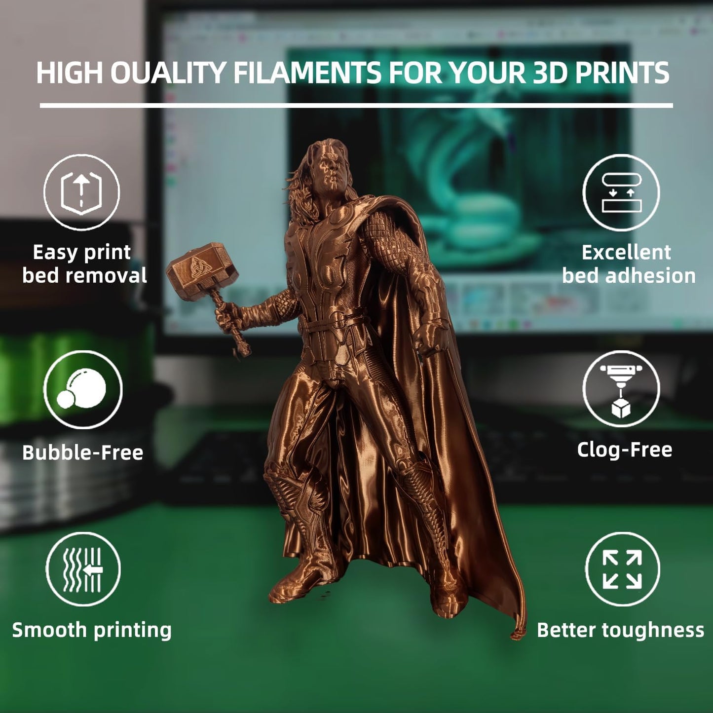 PLA Filament, Silk PLA, 3D Printer Filament, PLA Filament 1.75mm Dimensional Accuracy +/- 0.02mm, 1KG Spool (2.2 lbs), Fit Most FDM Printer (Silk Copper)