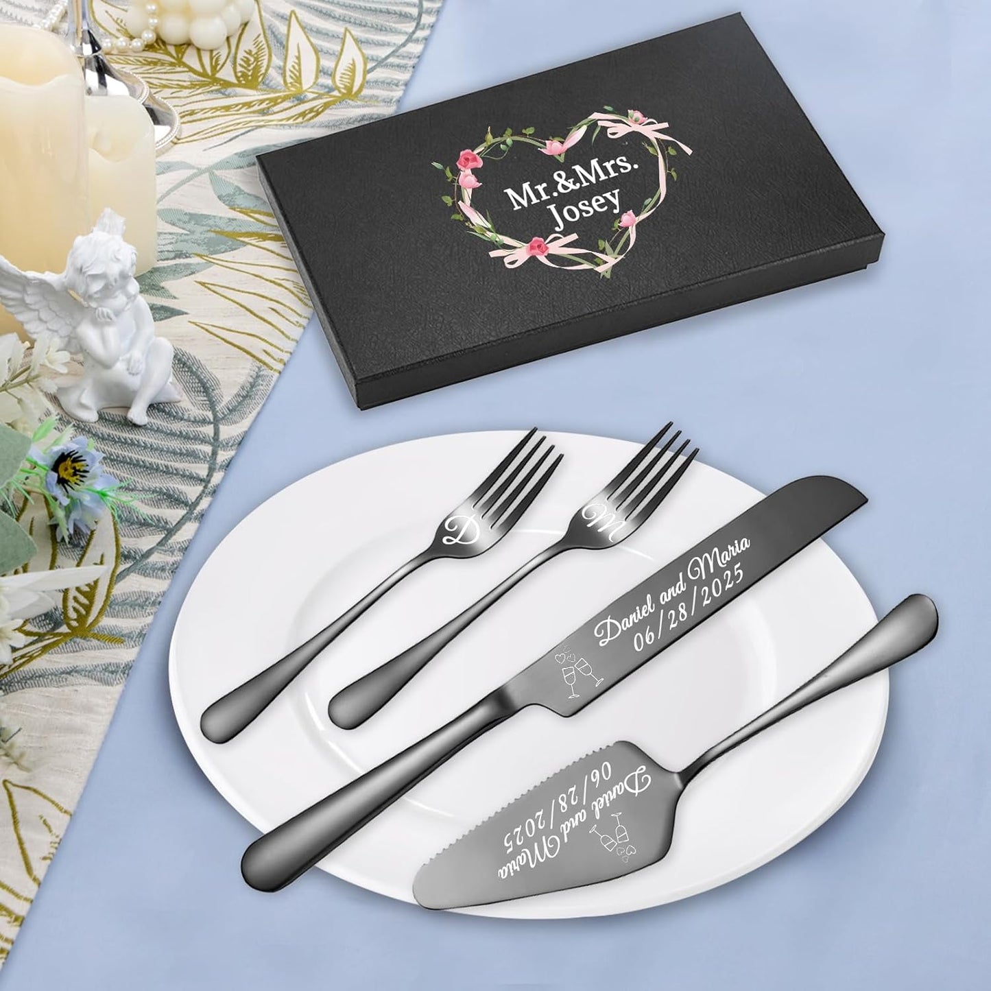 Personalized Wedding Cake Knife and Server Set, Custom Names Cake Cutting Set with Stainless Steel Forks, Customized Bridal Anniversary Birthday Wedding Registry Gifts (Black)