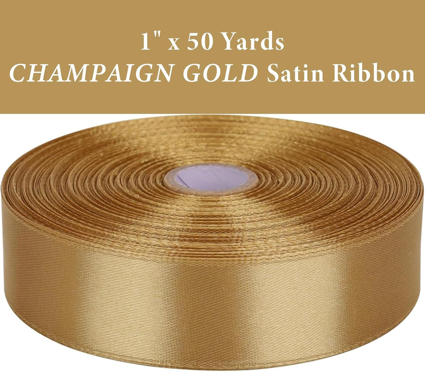 1" x 50 Yards Champaign Gold Satin Ribbon Single Faced Fabric Ribbons for Gift Wrapping, Crafting, Bows Making, Flower Bouquet, Wedding, Home Decor