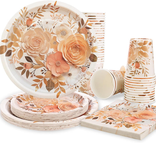 Boho Plates and Napkins Sets for 25 Guests, Floral Birthday Party supplies for Boho Fall Party Decorations