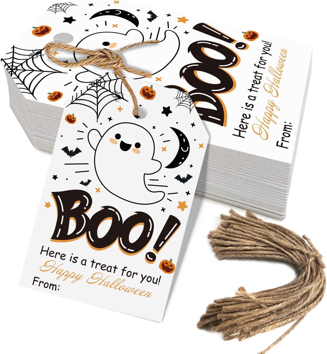 Aukolass 50Pcs Boo Gift Tags, Halloween Treat Tag for Spooky Ghost Party Favor and Gift Wrapping Decoration (Boo)