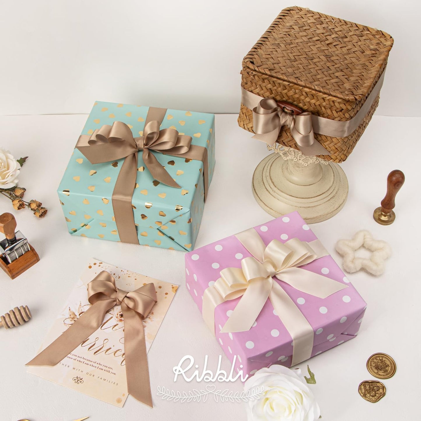 Ribbli Champagne Satin Ribbon 1 Inch x 4 Rolls Total 40 Yards-Ivory Champagne Ribbon for Gift Wrapping Craft Wedding Decoration