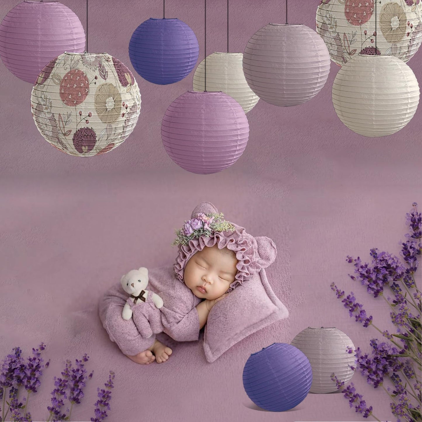 Paper Lanterns Party Decorations Size of 12’10’8inch Floral Pattern Purple Pink Japanese Chinese Lantern Hanging Paper Lantern Bohemian Style Baby Shower Birthday Decorations