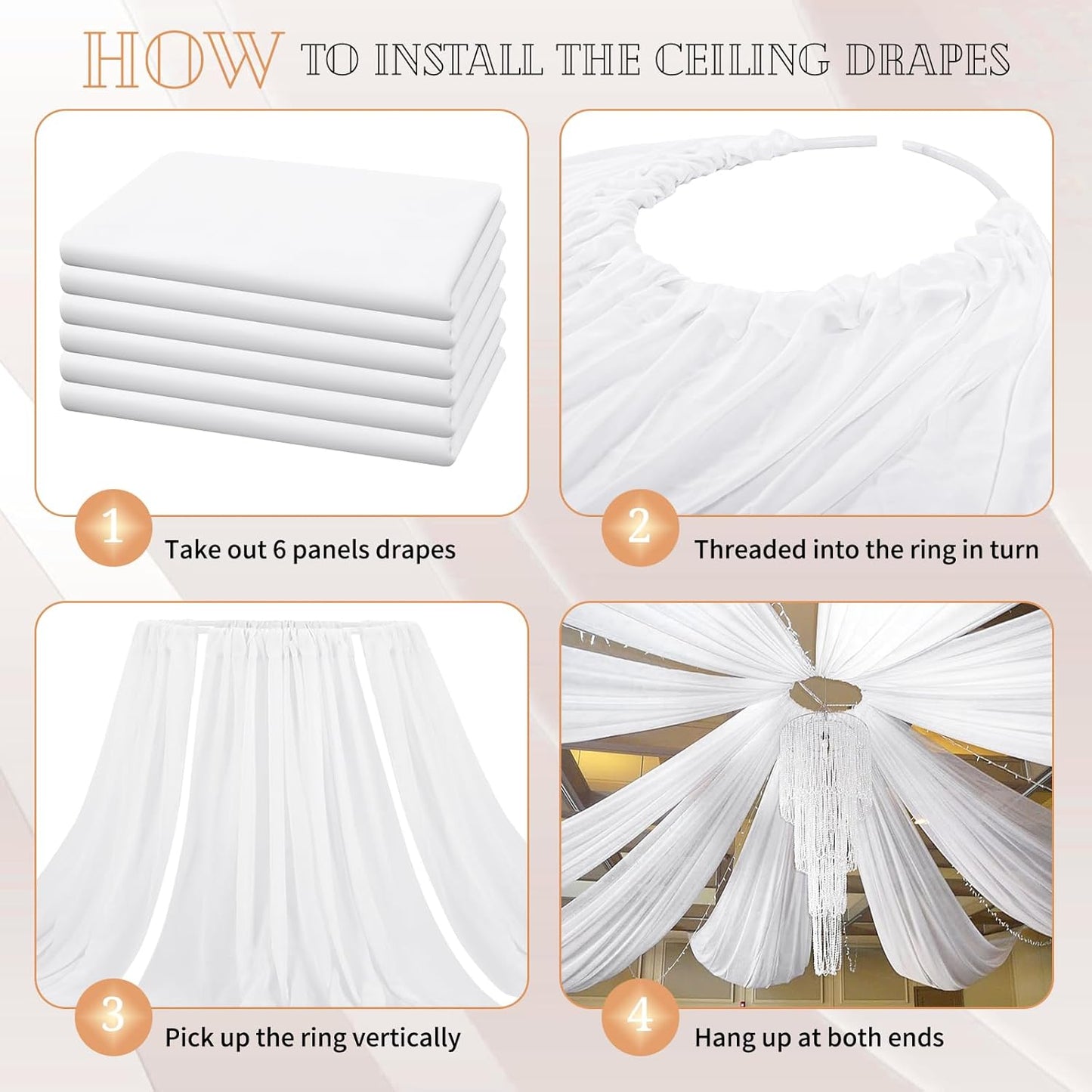 6 Panels White Ceiling Drapes for Wedding 5ftx20ft Sheer Drapery Chiffon Fabric Arch Draping Curtains for Party Ceremony Birthday Baby Shower Reception Stage Ceiling Decorations