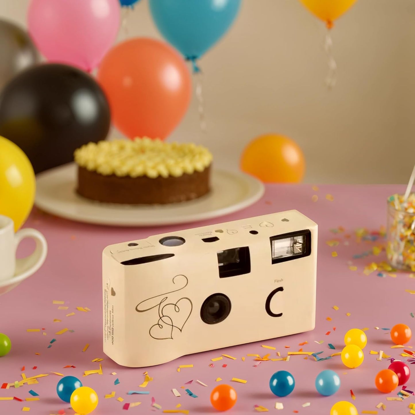 Weddingstar Disposable Camera with Flash - Single Use 35mm Film Camera for Wedding or Party Favors - Gold Enchanted Hearts (10 Pack)