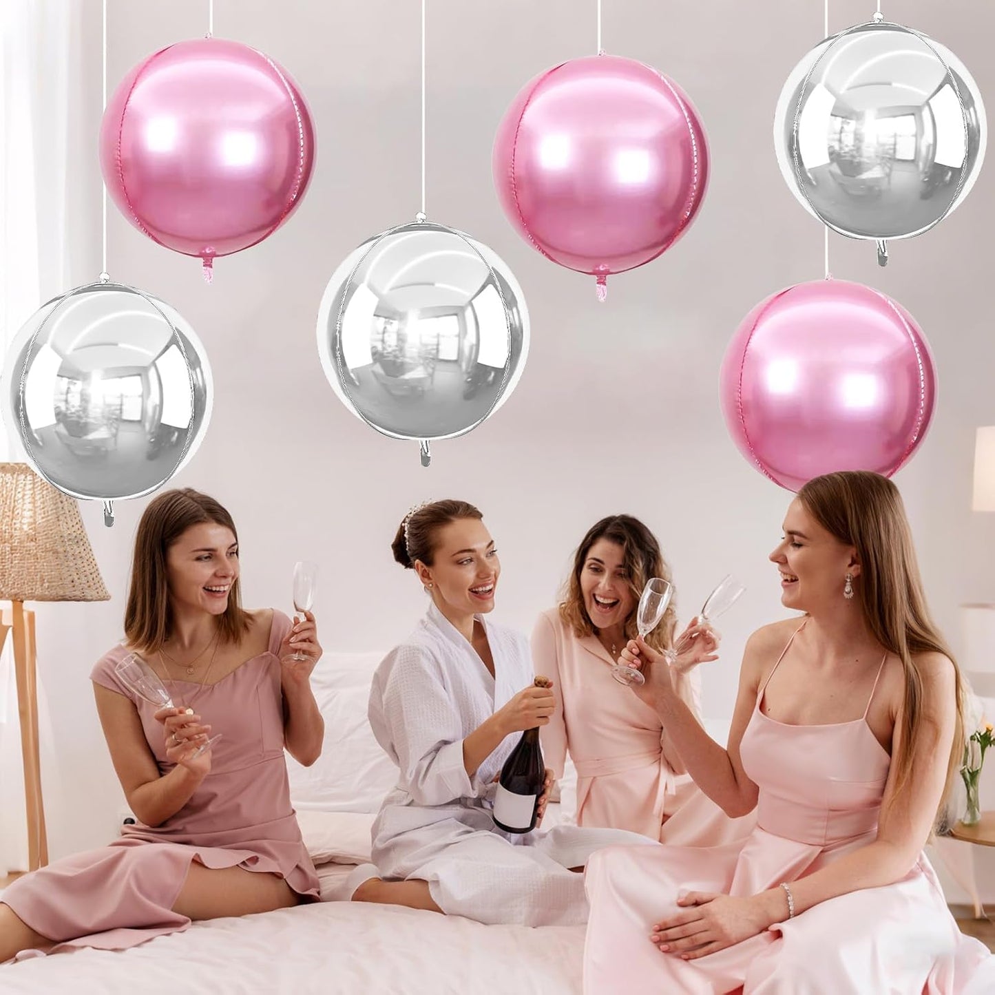 6Pcs Pink Silver Round Foil Balloons,Giant 4D Round Ball Balloon,22 Inch Metallic Pink Silver Balloons for Birthday Wedding Baby Shower Party Decorations