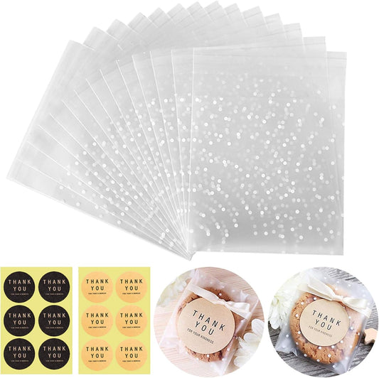 Searik Self Sealing Cookie Bags with Seal 4x6 Inches, 4 Mils Individual Self Adhesive Cellophane Plastic Candy Bags for Wedding Party Gift Giving Bakery Chocolate with Thank You Stickers 100 Pcs
