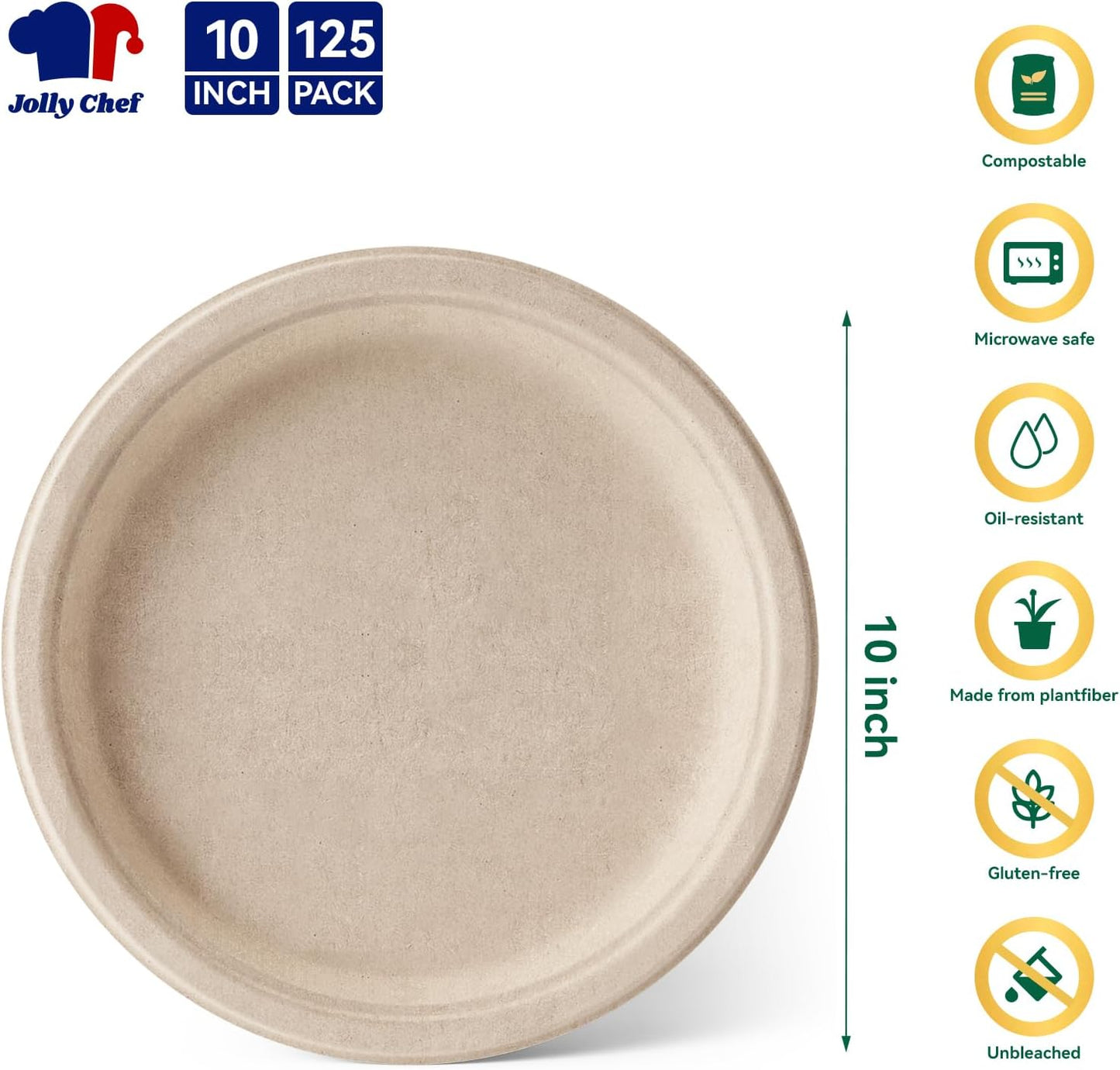 JOLLY CHEF Compostable Heavy Duty Plates 𝟭𝟬 𝗜𝗻𝗰𝗵 [𝟭𝟮𝟱 𝗣𝗮𝗰𝗸] Eco-Friendly Disposable Paper Plates Made of Bagasse Biodegradable Bulk for Party Dinner Sugarcane Fibers Round (Natural)