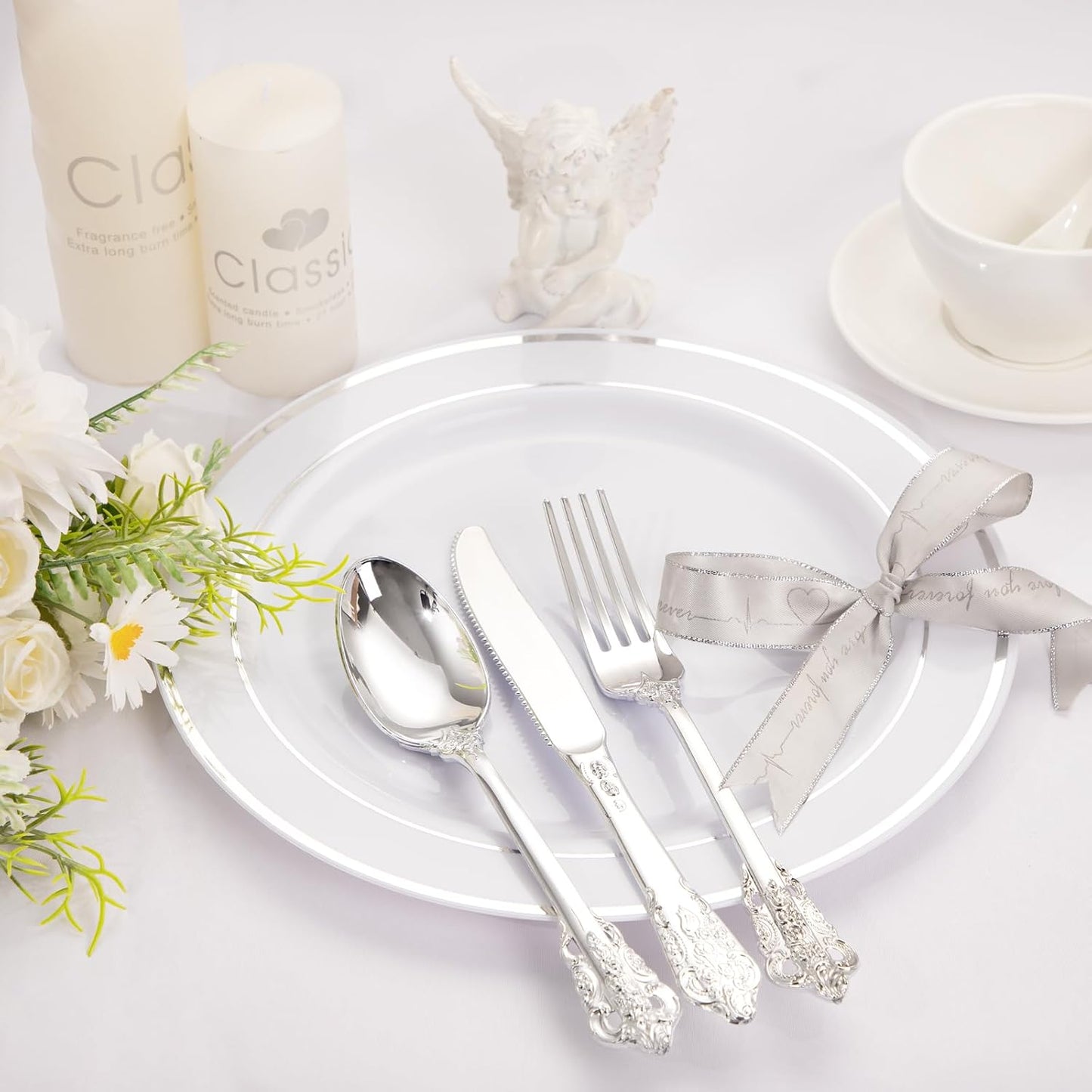 WDF 120PCS Silver Plastic Silverware - Heavy Duty Silver Plastic Cutlery Set - 40 Forks, 40 Spoons, 40 Knives, Perfect for Christmas Parties/Weeding