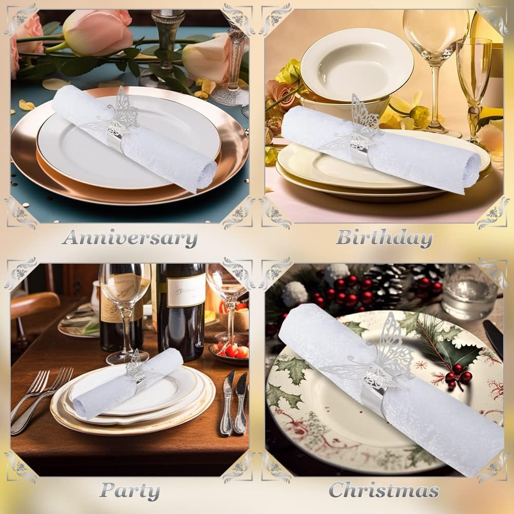 150PCS Butterfly Napkin Rings for Luxury Banquet Style, Reusable Paper Napkin Holders for Wedding Banquet Dinner Table Decor, and Catering Party Services (Silver)