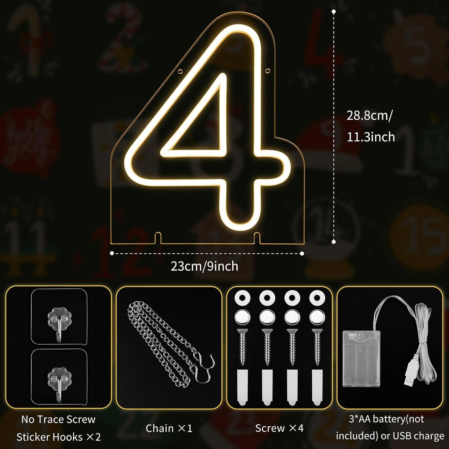 Number 4 LED Neon Sign Backdrop Birthday Party Decoration, 11.3" Height Warm White Marquee Numbers Four Light Up Sign for Wedding Anniversary Window Wall Table, Indoor Battery Operated or USB