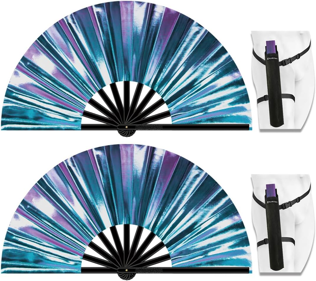 13" Large Folding Rave Fan with Holster, Clack Hand Fans Foldable for Line Dancing, Boots On The Ground Fan for Women Men Festival EDM Party Decoration, Holographic Blue 2 Pack