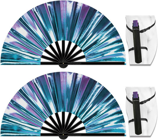 13" Large Folding Rave Fan with Holster, Clack Hand Fans Foldable for Line Dancing, Boots On The Ground Fan for Women Men Festival EDM Party Decoration, Holographic Blue 2 Pack
