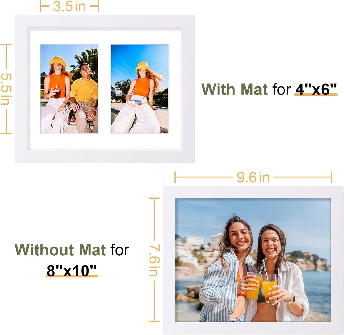 Vittanly 8x10 Collage Picture Frame, Displays 2Pcs 4x6 Pictures with Mat, Photo Frame for Wall Mounting or Table Top with Stand, White, 1 Pack