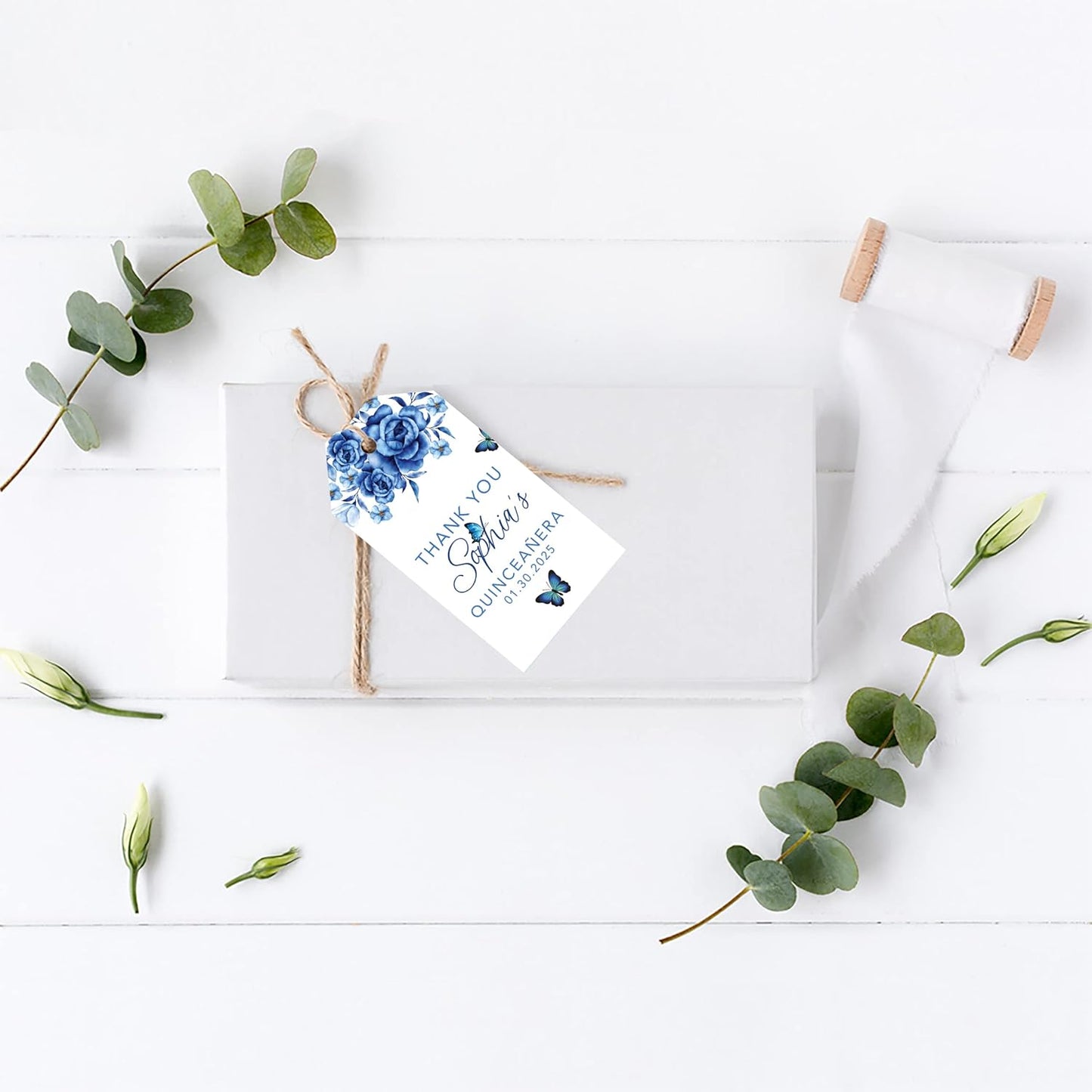 Andaz Press 40-Pack Personalized Quinceañera Favor Tags with String, Blue Butterflies Custom Classic Thank You Gift Tags for Quince Años XV 15th Birthday Favor Gifts, Quinceanera Decorations