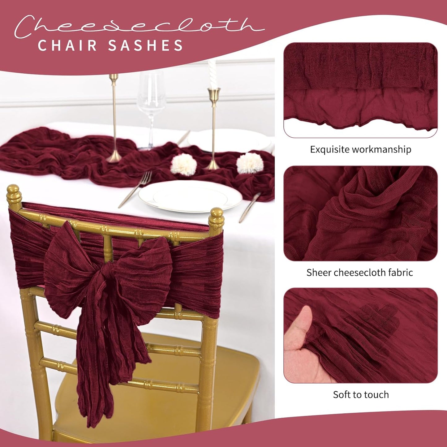 50 PCS Cheesecloth Chair Sashes, Bows Designed ChairSashes, 15.7x70 inch Chair Sashes for Aisle Decorations Universal Chairs Cover Decoration for Wedding Reception Party Banquet (Burgundy)