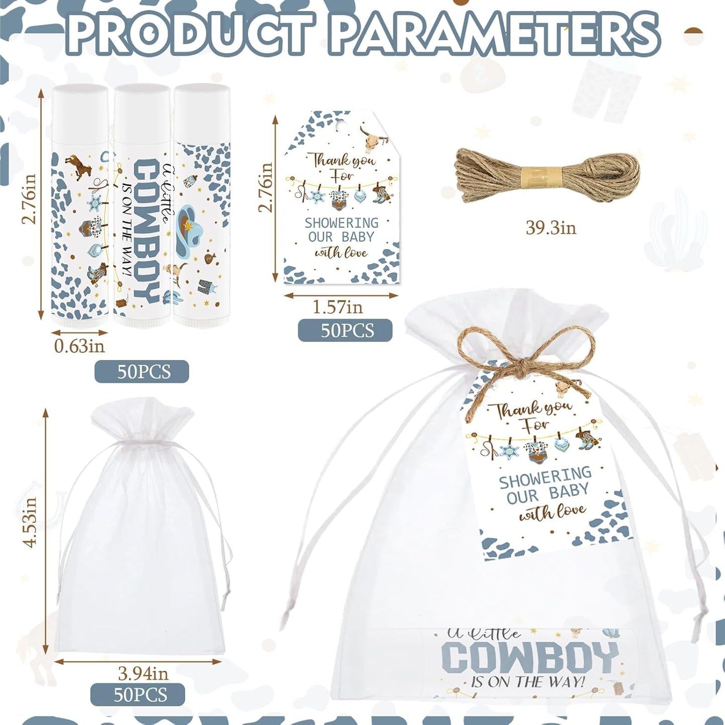 50 PCS Baby Shower Cowboy Lip Balm Bulk Neutral Gender Reveal Boys Girls Games Baby Shower Favors Gifts for Guests Moisturizing Lip Care Cowboy Themed Birthday Party Supplies Decorations