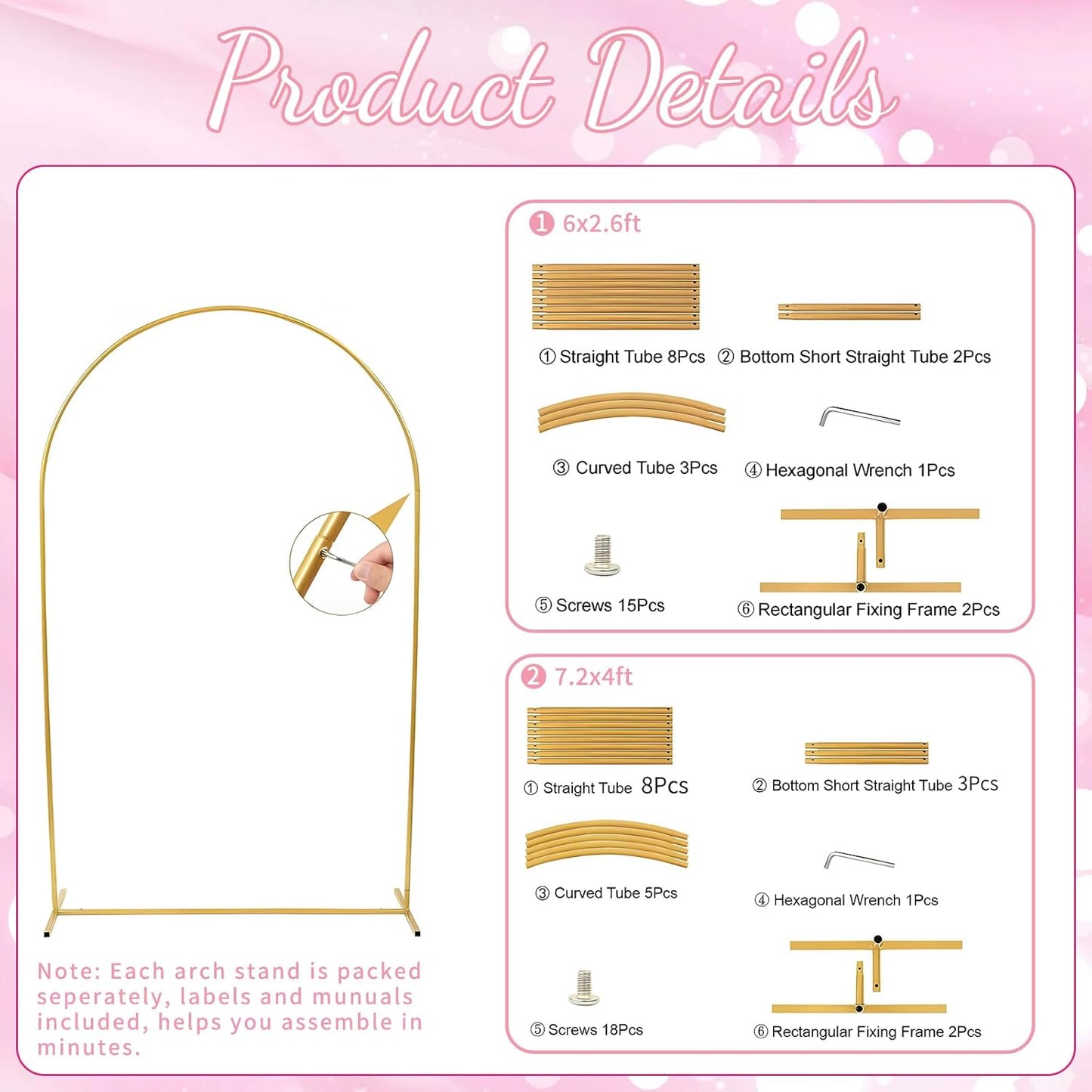 2pcs Arch Backdrop Stand - 7.2ft/6ft Gold Metal Flower Balloon Arch Frame Stand for Wedding, Birthday Party, Christmas, Baby Shower, Bridal Shower, Graduation Photography Decoration