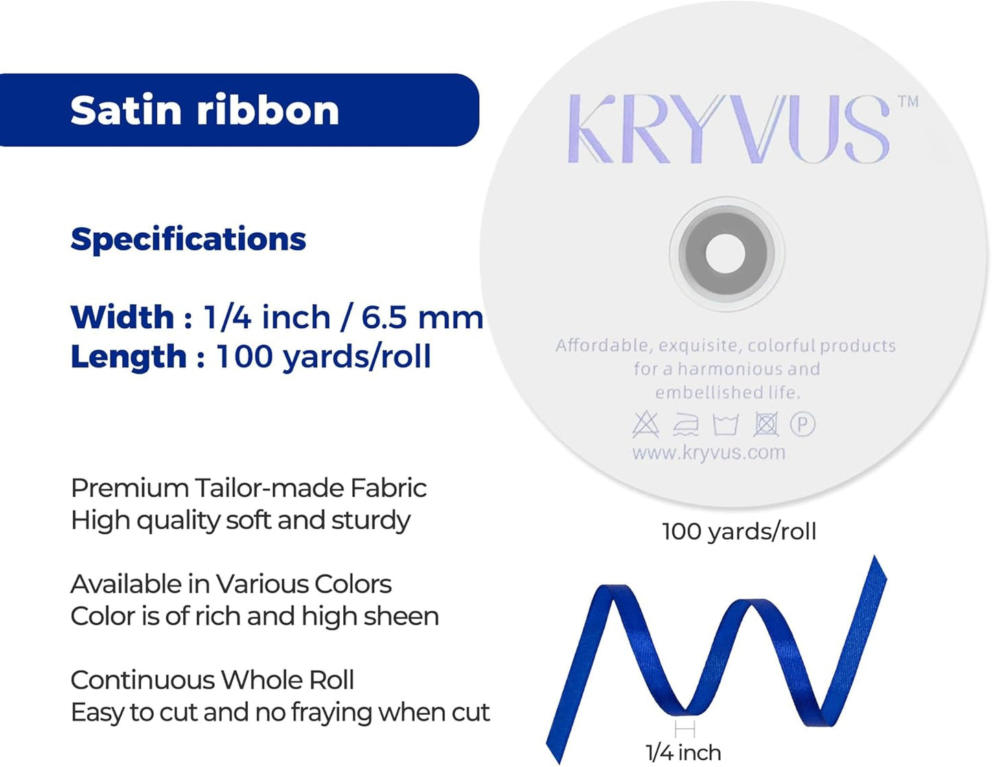 Royal Blue Satin Ribbon 1/4 inch X Continuous 100 Yards, Single Face Polyester Ribbon Perfect for Gift Wrapping, Flower Bouquet, Wedding Decor, Crafts, Bow Making, Sewing and More