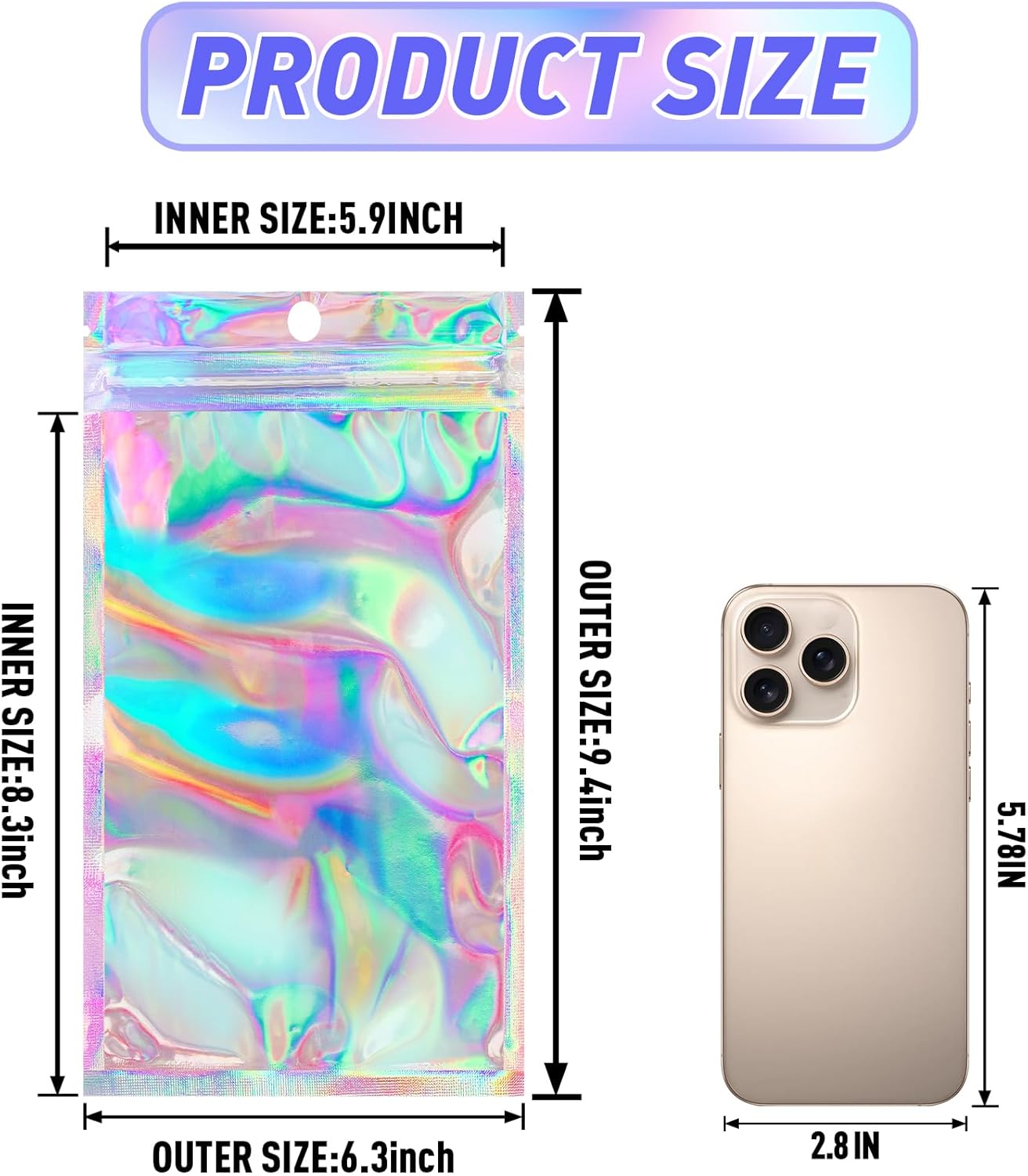 Funfery 50 Pcs Smell Proof Holographic Resealable Bags,6.3x9.4in Clear Window,Mylar Foil Baggie with Zipper,Sealing Pouch Packaging Bag for Food Storage,Candy,Party Favor Sample Business Supplies