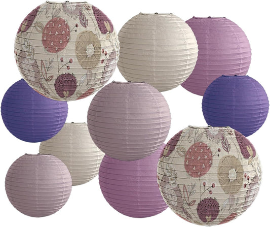 Paper Lanterns Party Decorations Size of 12’10’8inch Floral Pattern Purple Pink Japanese Chinese Lantern Hanging Paper Lantern Bohemian Style Baby Shower Birthday Decorations