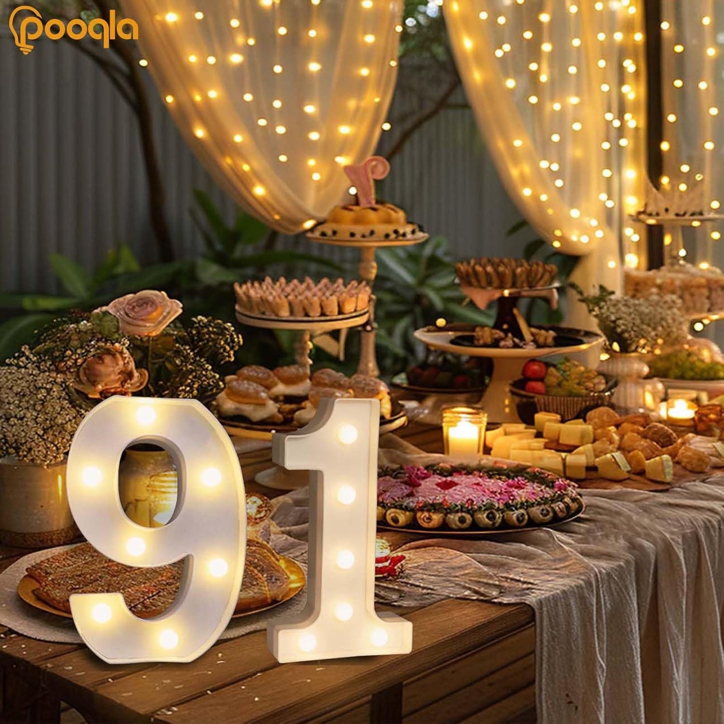 Pooqla Decorative LED Light Up Number Letters, White Plastic Marquee Number Lights Sign for 91th Birthday Party Wedding Decor, Battery Operated