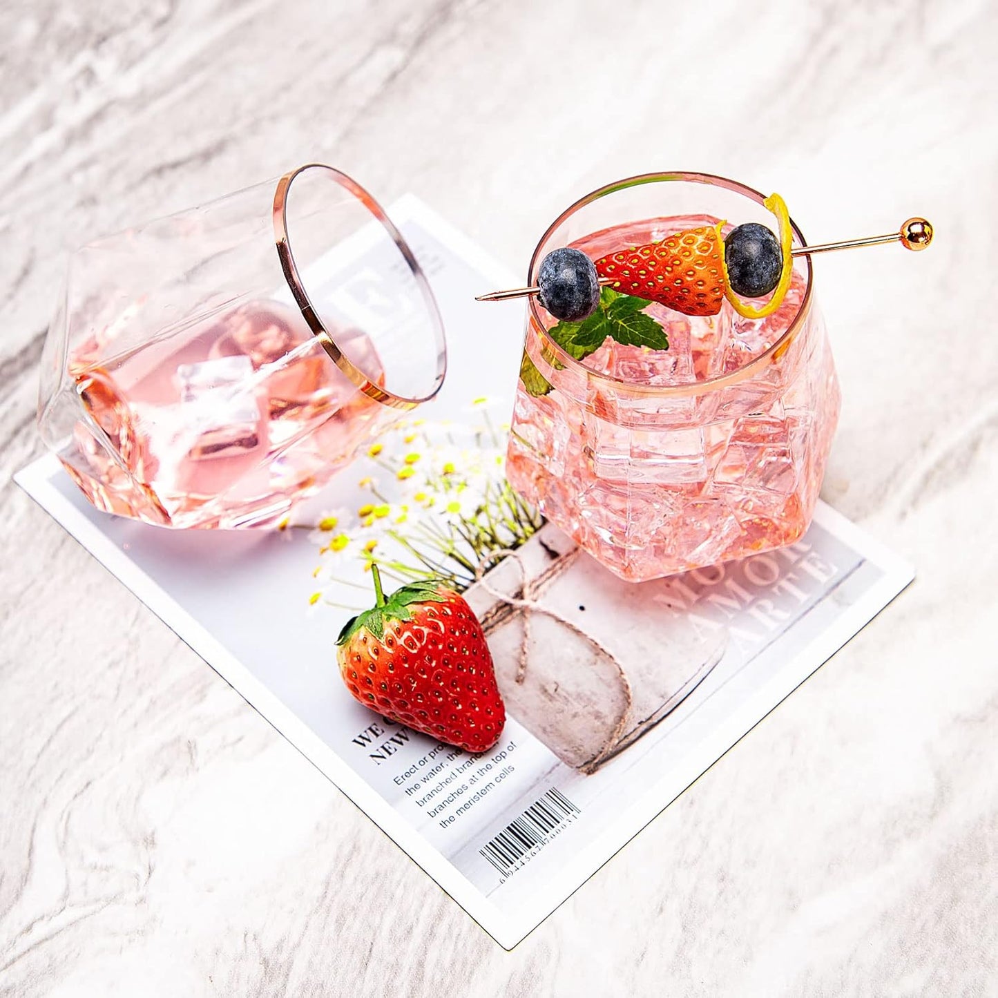 LUODA Rose Gold Diamond Shaped Plastic Stemless Wine Glasses Set of 24, Disposable 12 Oz Rose Gold Plastic Whiskey Glasses for Birthday, Housewarming and Weddings