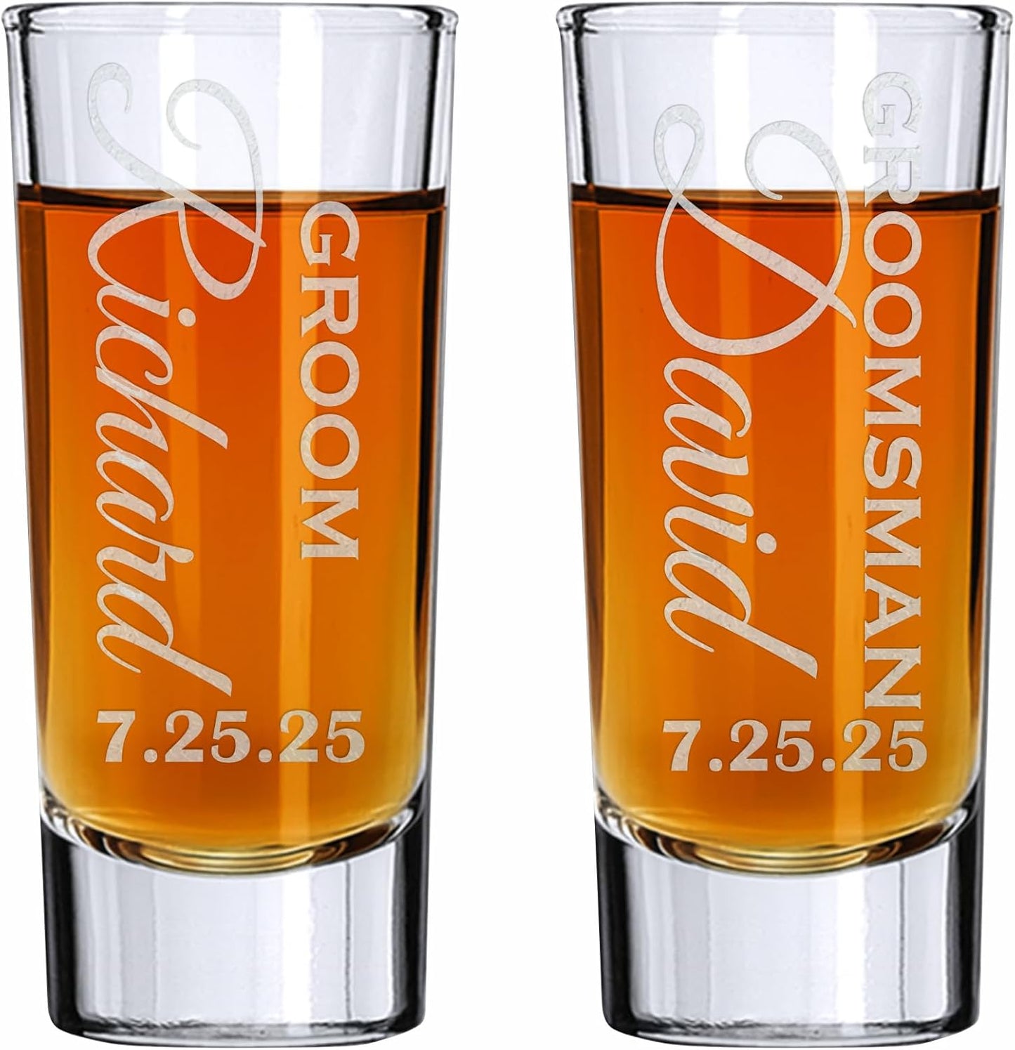 Custom Engraved 2 oz Shot Glass – Personalized Etching – Groomsman & Bridesmaid Gift – Wedding Favor Set of 2