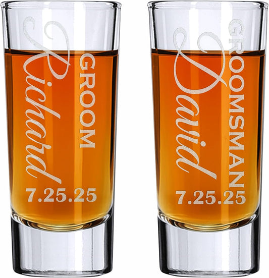 Custom Engraved 2 oz Shot Glass – Personalized Etching – Groomsman & Bridesmaid Gift – Wedding Favor Set of 2