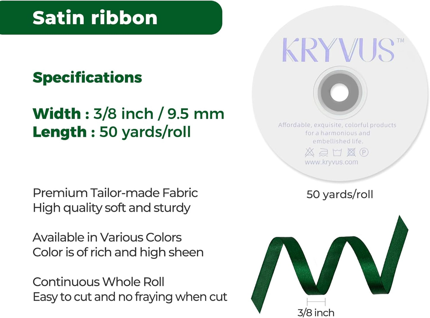 Green Satin Ribbon 3/8 inch X Continuous 50 Yards, Single Face Polyester Ribbon Perfect for Gift Wrapping, Flower Bouquet, Wedding Decor, Crafts, Bow Making, Sewing and More