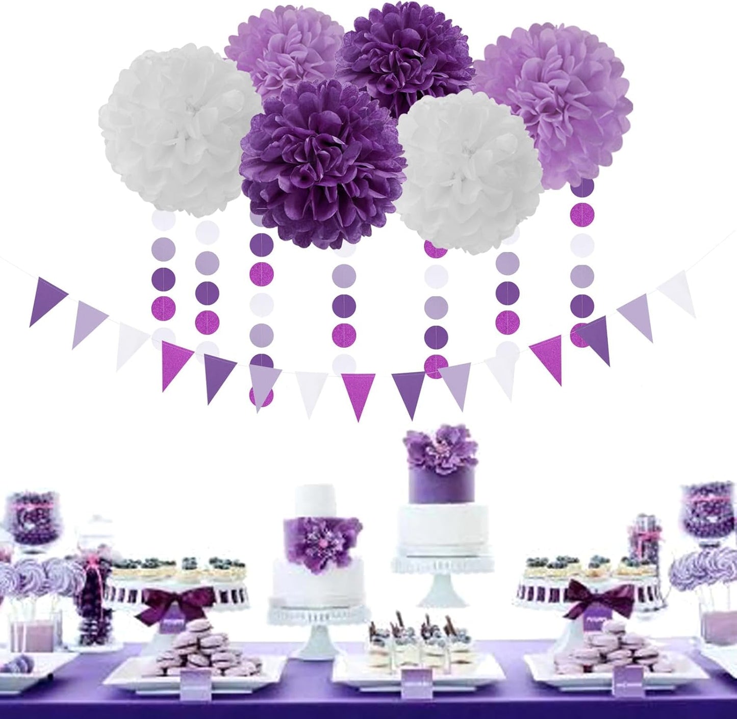 Purple White Lavender Party-Decorations Streamers - 28pcs Tissue Pom Poms,Women Girl Birthday Supplies Tassel Garland Banner,Baby Bridal Shower Wedding Engagement Bachelorette Graduation Decor Lasting Surprise