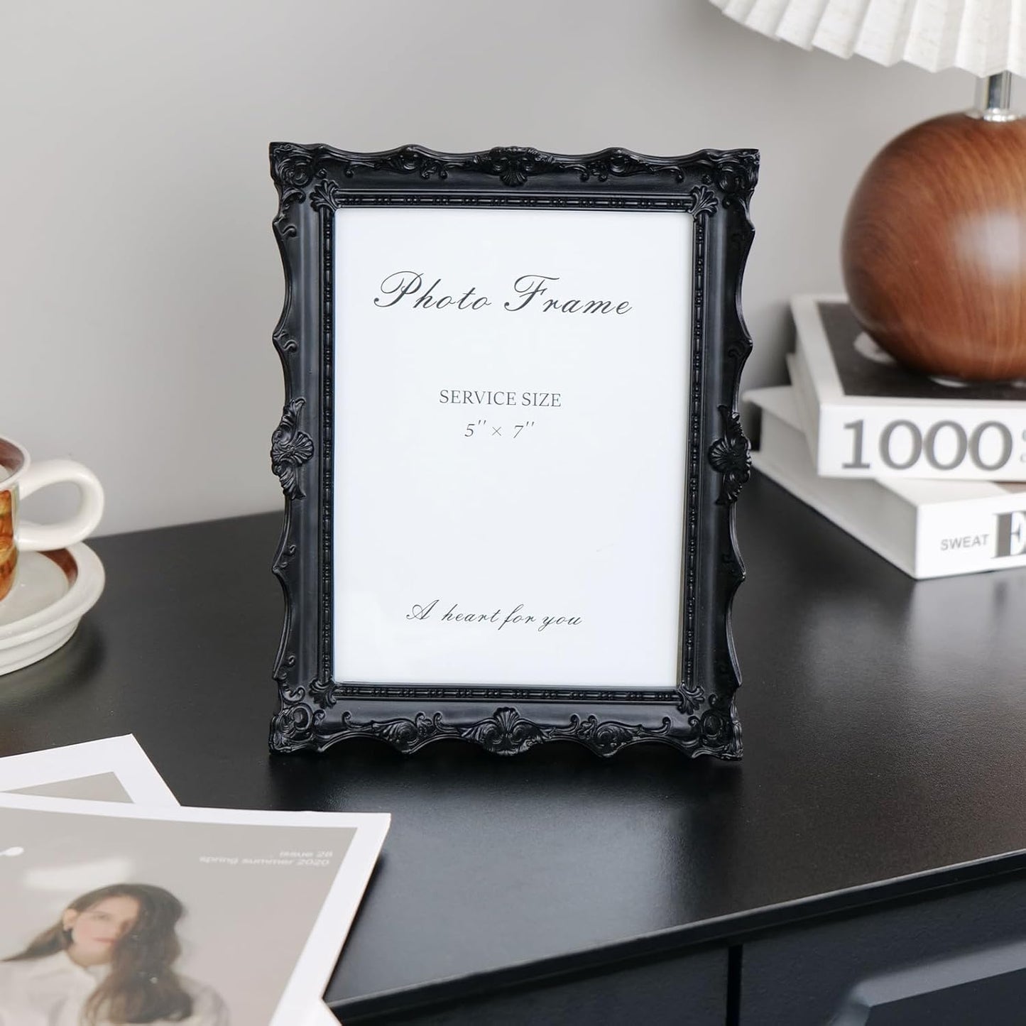 Cuspin 5x7 Black Picture Frame, Handcrafted Resin Frame with Exquisite Carved Details & Glass Front, Vintage Antique Design for Wall Hanging or Tabletop Display, Home Decor